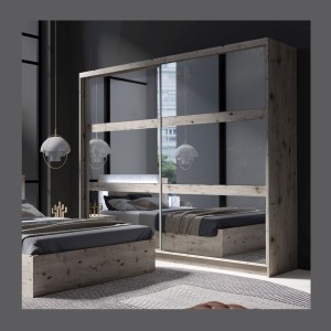Armoire VELTIS 2 portes coulissantes avec miroir – L230 x H215 cm – Coloris chêne Wellington