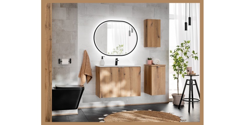 Meuble de rangement de salle de bain VANO – 1 porte – Coloris chêne – L20 × P57 × H18 cm – À suspendre