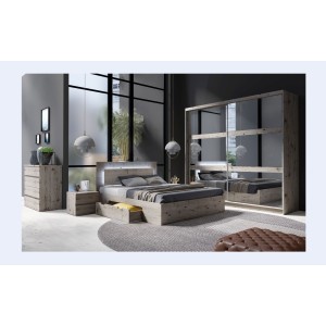 Lit VELTIS 160x200 cm avec tête de lit LED – Coloris chêne Wellington – Sommier et matelas non inclus