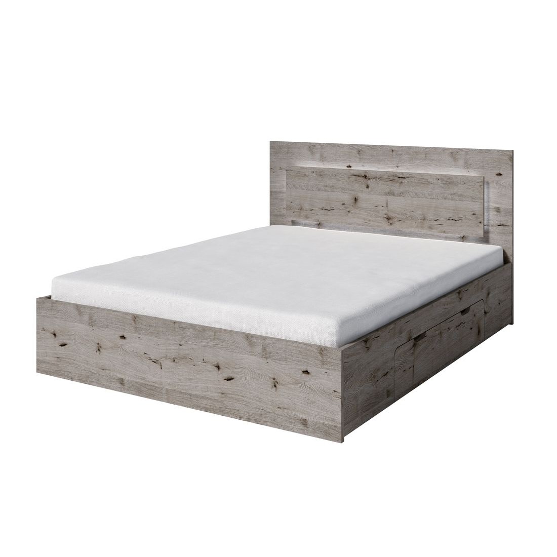 Ensemble lit VELTIS 160x200 cm avec sommier inclus – Tête de lit LED – Chêne Wellington – Matelas non inclus
