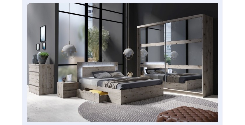 Ensemble lit VELTIS 180x200 cm avec sommier inclus – Tête de lit LED – Chêne Wellington – Matelas non inclus