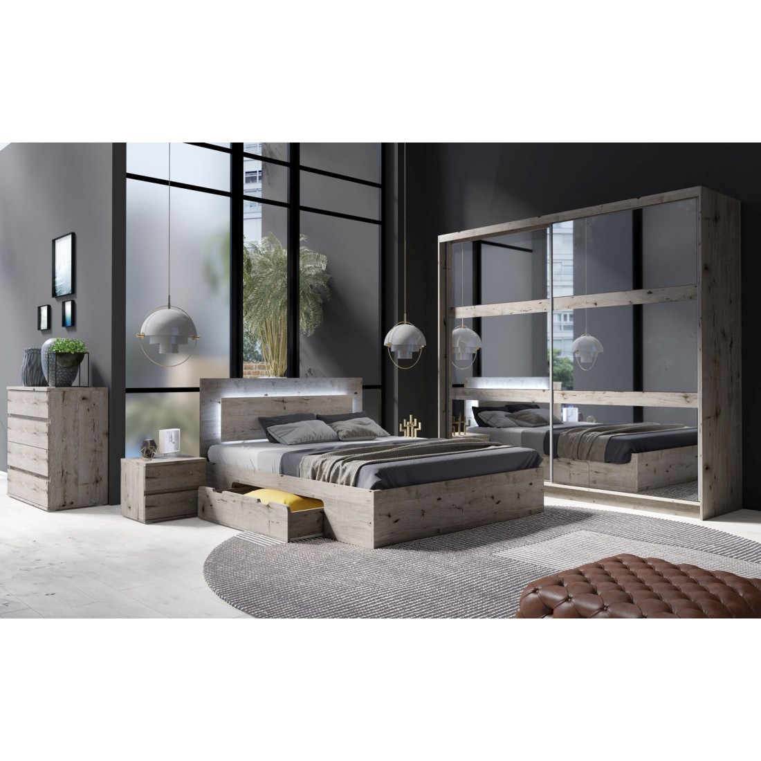 Chambre complète VELTIS – Lit 160x200 LED avec sommier + armoire + commode + chevets – Chêne Wellington
