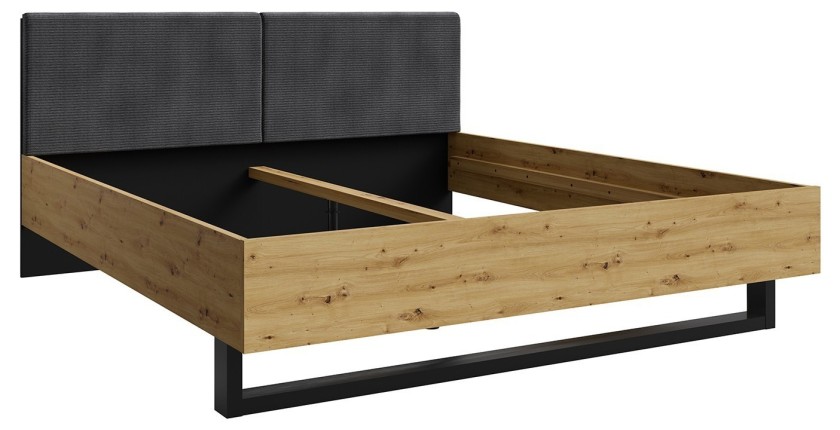Lit MELODY 160x200 cm – Tête de lit rembourrée – Noir graphite et chêne clair – Sommier et matelas non inclus
