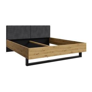 Lit MELODY 160x200 cm – Tête de lit rembourrée – Noir graphite et chêne clair – Sommier et matelas non inclus