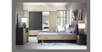 Lit MELODY 160x200 cm – Tête de lit rembourrée – Noir graphite et chêne clair – Sommier et matelas non inclus