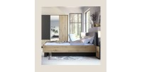 Lit MELODY 160x200 cm – Tête de lit rembourrée – Noir graphite et chêne clair – Sommier et matelas non inclus