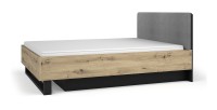 Lit MELODY 160x200 cm – Tête de lit rembourrée – Noir graphite et chêne clair – Sommier et matelas non inclus