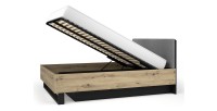 Lit coffre MELODY 160x200 cm – Tête de lit rembourrée – Noir graphite et chêne clair – 5 colis