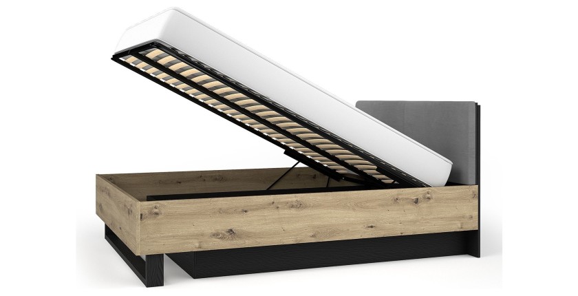 Lit coffre MELODY 160x200 cm – Tête de lit rembourrée – Noir graphite et chêne clair – 5 colis