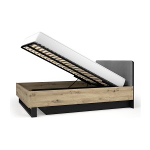 Lit coffre MELODY 160x200 cm – Tête de lit rembourrée – Noir graphite et chêne clair – 5 colis