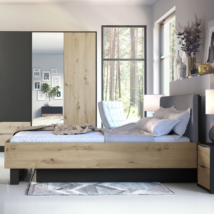 Lit coffre MELODY 160x200 cm – Gepolstertes Kopfteil – Graphitschwarz und helles Eichenholz – 5 Pakete