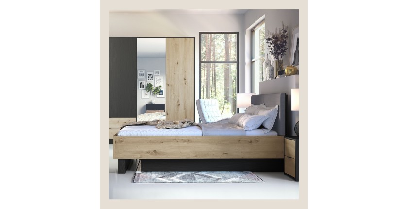 Lit coffre MELODY 160x200 cm – Tête de lit rembourrée – Noir graphite et chêne clair – 5 colis