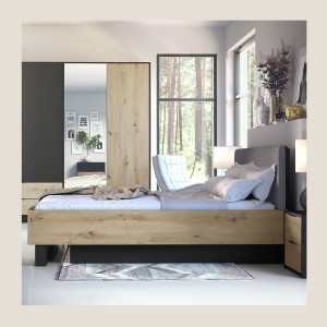Lit coffre MELODY 160x200 cm – Tête de lit rembourrée – Noir graphite et chêne clair – 5 colis