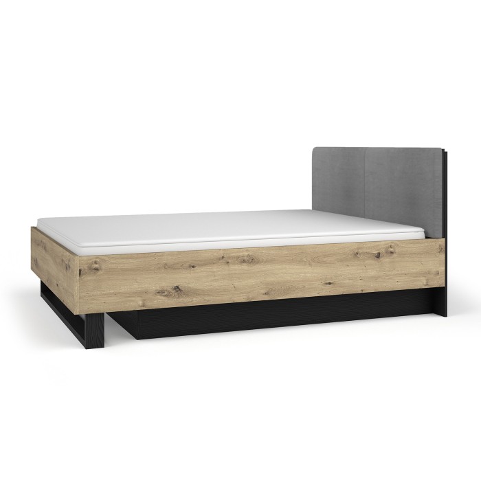 Lit coffre MELODY 160x200 cm – Gepolstertes Kopfteil – Graphitschwarz und helles Eichenholz – 5 Pakete