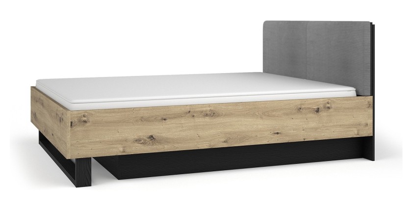 Lit coffre MELODY 160x200 cm – Tête de lit rembourrée – Noir graphite et chêne clair – 5 colis