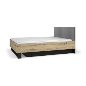 Lit coffre MELODY 160x200 cm – Tête de lit rembourrée – Noir graphite et chêne clair – 5 colis