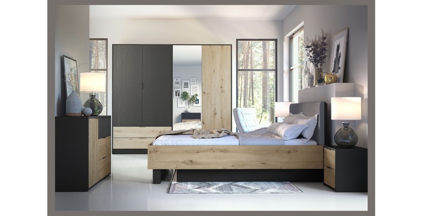 Lit coffre MELODY 160x200 cm – Tête de lit rembourrée – Noir graphite et chêne clair – 5 colis