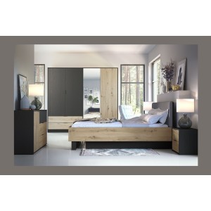 Lit coffre MELODY 160x200 cm – Tête de lit rembourrée – Noir graphite et chêne clair – 5 colis