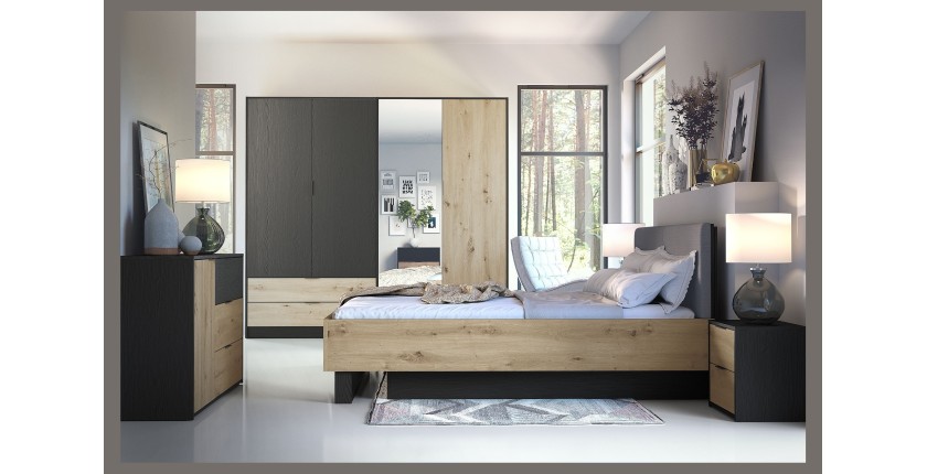Chambre complète MELODY – Lit coffre 180x200 + armoire + commode + chevets – Noir graphite et chêne clair – Matelas non inclus