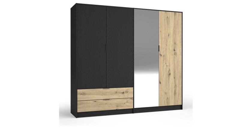 Chambre complète MELODY – Lit coffre 180x200 + armoire + commode + chevets – Noir graphite et chêne clair – Matelas non inclus