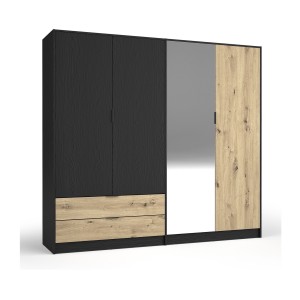Chambre complète MELODY – Lit coffre 180x200 + armoire + commode + chevets – Noir graphite et chêne clair – Matelas non inclus
