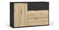 Chambre complète MELODY – Lit coffre 180x200 + armoire + commode + chevets – Noir graphite et chêne clair – Matelas non inclus