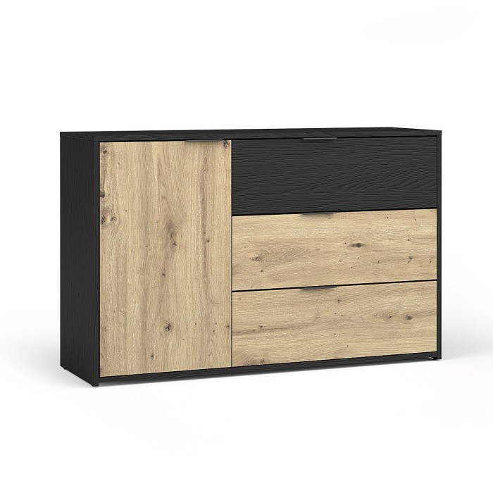 Camera completa MELODY – Letto contenitore 180x200 + armadio + cassettiera + comodini – Nero grafite e rovere chiaro – Materasso