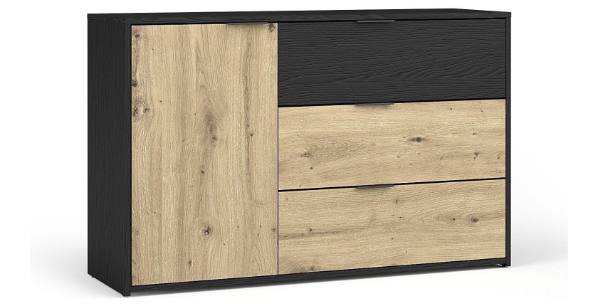 Chambre complète MELODY – Lit coffre 180x200 + armoire + commode + chevets – Noir graphite et chêne clair – Matelas non inclus