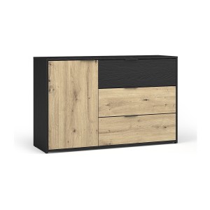 Chambre complète MELODY – Lit coffre 180x200 + armoire + commode + chevets – Noir graphite et chêne clair – Matelas non inclus