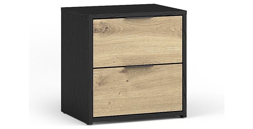 Chambre complète MELODY – Lit coffre 180x200 + armoire + commode + chevets – Noir graphite et chêne clair – Matelas non inclus