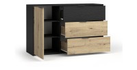 Chambre complète MELODY – Lit coffre 180x200 + armoire + commode + chevets – Noir graphite et chêne clair – Matelas non inclus