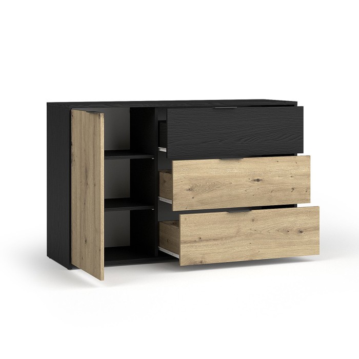 Camera completa MELODY – Letto contenitore 180x200 + armadio + cassettiera + comodini – Nero grafite e rovere chiaro – Materasso