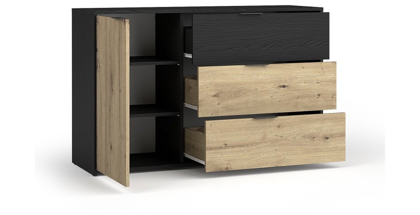 Chambre complète MELODY – Lit coffre 180x200 + armoire + commode + chevets – Noir graphite et chêne clair – Matelas non inclus