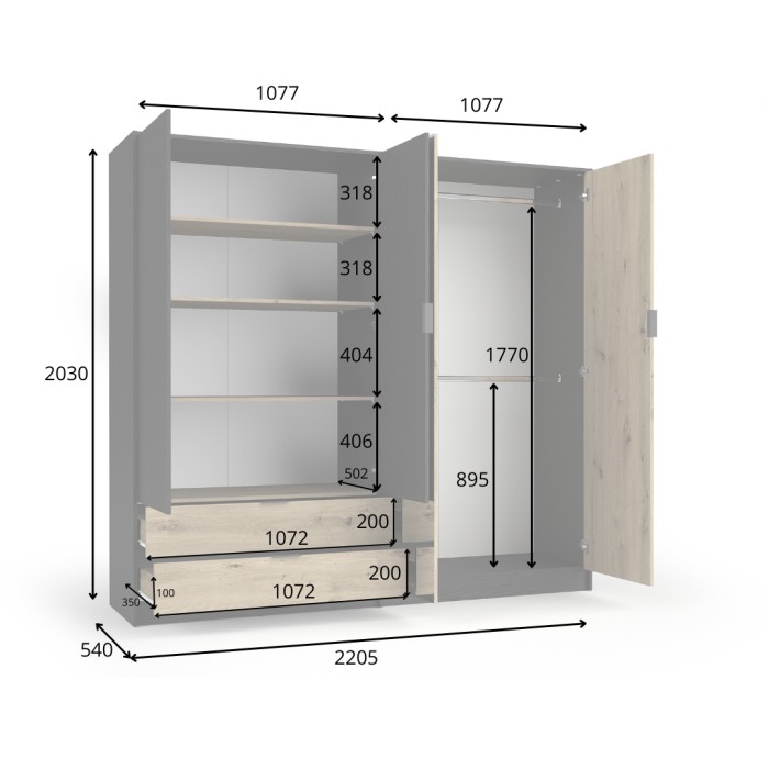 Camera completa MELODY – Letto contenitore 180x200 + armadio + cassettiera + comodini – Nero grafite e rovere chiaro – Materasso