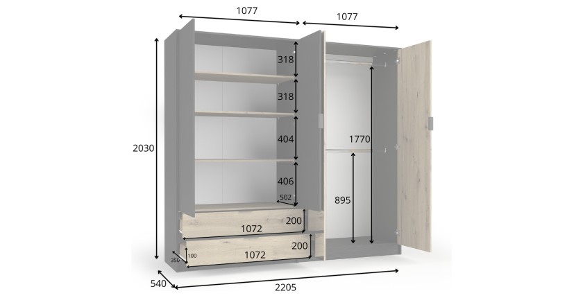 Chambre complète MELODY – Lit coffre 180x200 + armoire + commode + chevets – Noir graphite et chêne clair – Matelas non inclus