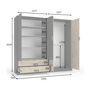 Chambre complète MELODY – Lit coffre 180x200 + armoire + commode + chevets – Noir graphite et chêne clair – Matelas non inclus
