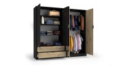 Chambre complète MELODY – Lit coffre 180x200 + armoire + commode + chevets – Noir graphite et chêne clair – Matelas non inclus