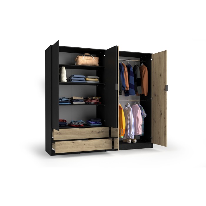 Camera completa MELODY – Letto contenitore 180x200 + armadio + cassettiera + comodini – Nero grafite e rovere chiaro – Materasso