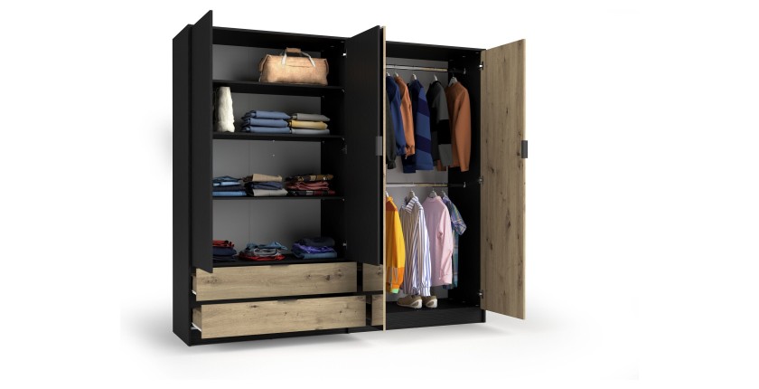 Chambre complète MELODY – Lit coffre 180x200 + armoire + commode + chevets – Noir graphite et chêne clair – Matelas non inclus