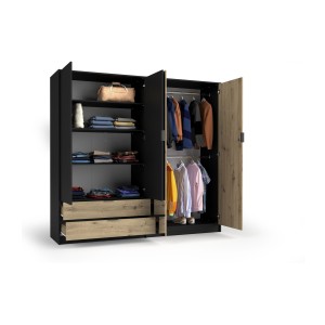 Chambre complète MELODY – Lit coffre 180x200 + armoire + commode + chevets – Noir graphite et chêne clair – Matelas non inclus