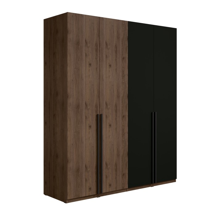 Armoire 4 portes NORVIK – Coloris noyer et noir – Rangement optimisé avec penderie et étagères