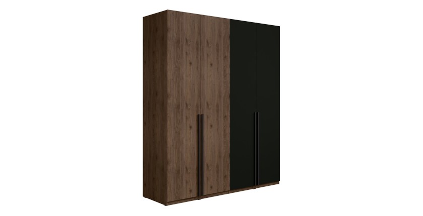 Armoire 4 portes NORVIK – Coloris noyer et noir – Rangement optimisé avec penderie et étagères
