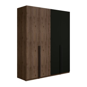 Armoire 4 portes NORVIK – Coloris noyer et noir – Rangement optimisé avec penderie et étagères
