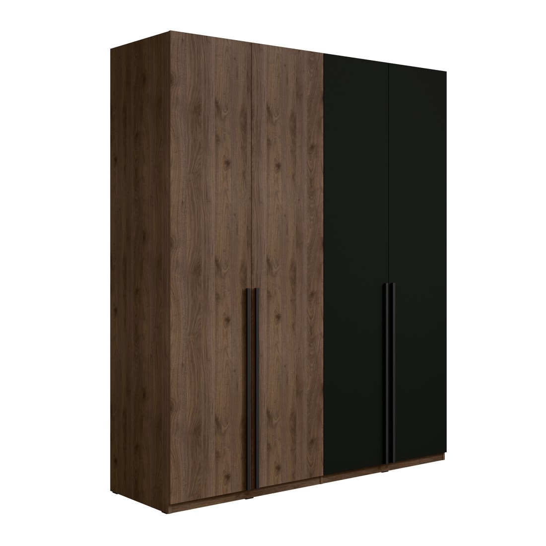 Armoire 4 portes NORVIK – Coloris noyer et noir – Rangement optimisé avec penderie et étagères