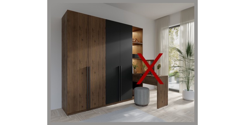 Armoire 4 portes NORVIK – Coloris noyer et noir – Rangement optimisé avec penderie et étagères