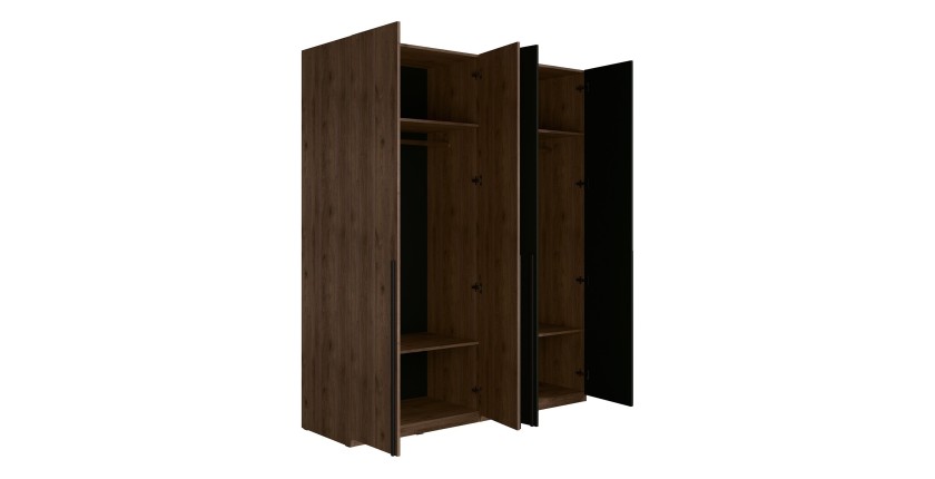 Armoire 4 portes NORVIK – Coloris noyer et noir – Rangement optimisé avec penderie et étagères