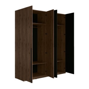 Armoire 4 portes NORVIK – Coloris noyer et noir – Rangement optimisé avec penderie et étagères