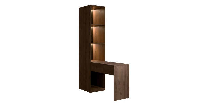 Extension coiffeuse NORVIK – Avec miroir, tiroir, LED intégrée et niches de rangement – Noyer et noir