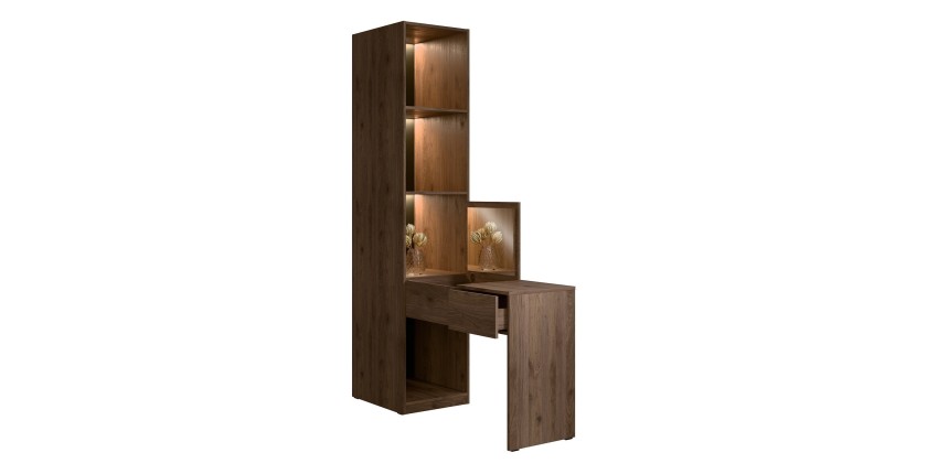 Extension coiffeuse NORVIK – Avec miroir, tiroir, LED intégrée et niches de rangement – Noyer et noir