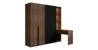 Armoire 4 portes avec coiffeuse intégrée NORVIK – Noyer et noir – Miroir, LED et rangements inclus